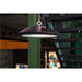 Black metal LED high bay light fixture, chain mounted.
