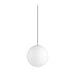 White glass globe pendant light fixture, suspended mounting.