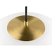 Pendant light detail: white shade, brass canopy with brushed finish, and black cord.