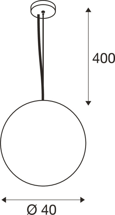 Technical drawing of a round, ceiling-mounted pendant light fixture with dimensions.