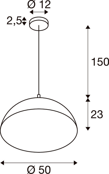 Technical drawing of a pendant light fixture with dimensions.