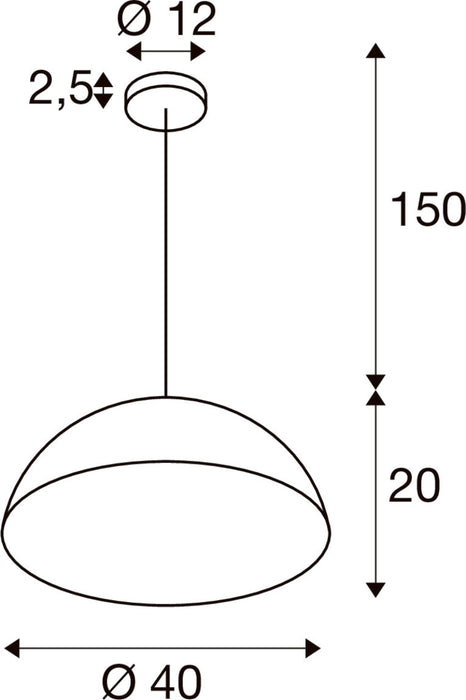 Technical drawing of a pendant light fixture with dimensions.