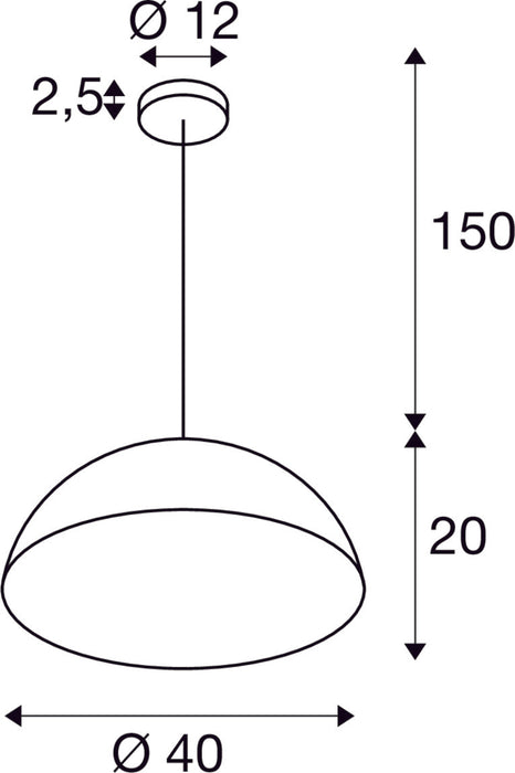 Dimensioned drawing of SLV FORCHINI M 40, pendant light, E27, pendant length 150cm, 1x max. 40W, matt black / matt gold