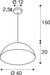 Dimensioned drawing of SLV FORCHINI M 40, pendant light, E27, pendant length 150cm, 1x max. 40W, matt black / matt gold