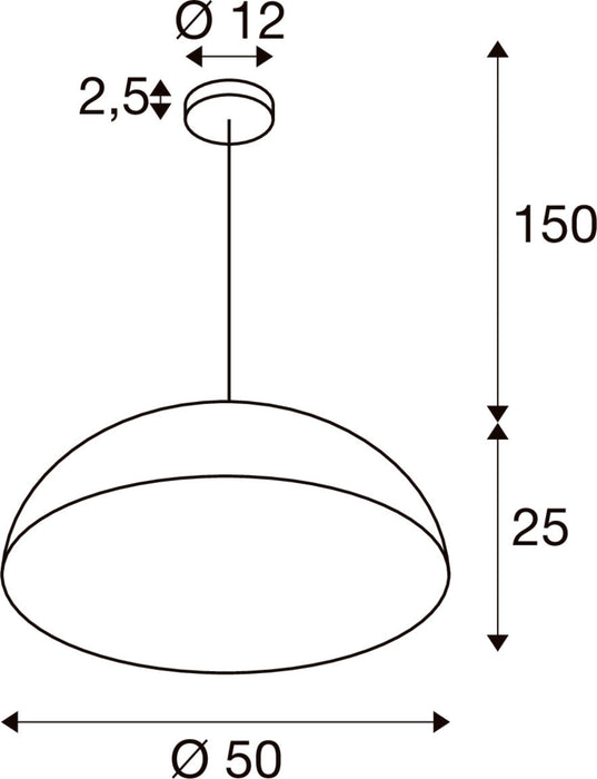Technical drawing of a dome pendant light fixture with dimensions.