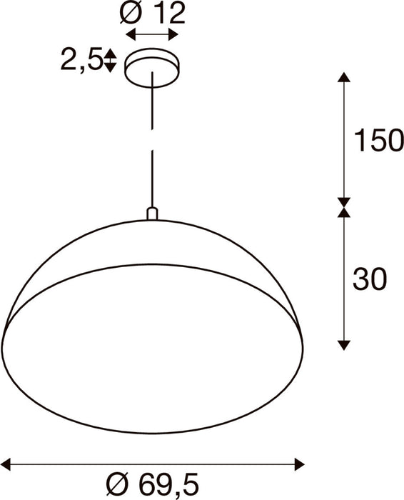 Technical drawing of a dome pendant light fixture with dimensions.