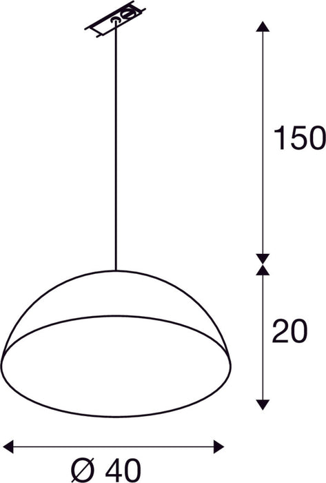 Dimensioned drawing of SLV FORCHINI M 40 TRACK, 1~ pendant light, E27, pendant length 150cm, silver-grey adapter, 1x max. 40W, matt black / matt gold