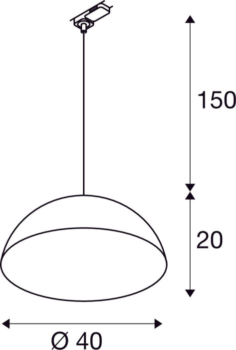 Dimensioned drawing of SLV FORCHINI M 40 TRACK, 3~ pendant light, E27, pendant length 150cm, adapter black, 1x max. 40W, matt black / matt gold
