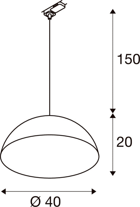 Technical drawing of a ceiling-mounted pendant light fixture, dome shade, dimensions 40x20x150.