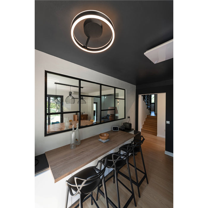 Modern black metal ring LED ceiling light fixture.
