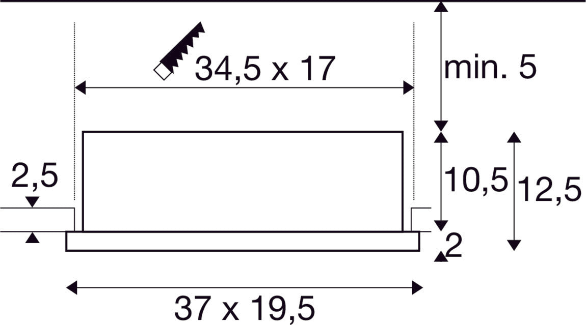 Dimensioned drawing of SLV Aluminium KADUX, recessed ceiling light, double, 3000K, DALI 2, touch, 30°, white