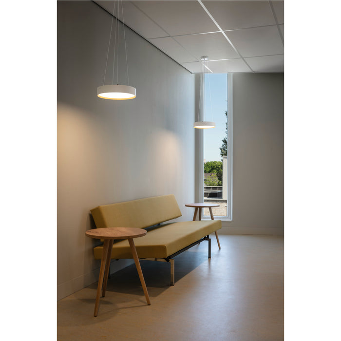 White metal pendant light fixture, suspended from ceiling.