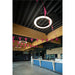 Interior view with black ceiling, wood beams, ring lights, and blue bar.