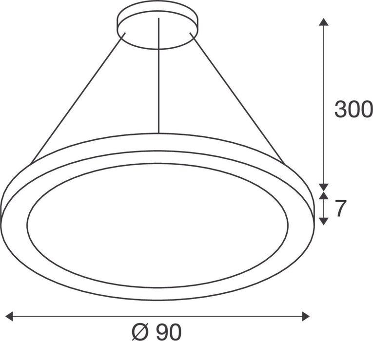 Dimensioned drawing of SLV MEDO® RING 90, pendant light, pendant length 300cm, 3000/4000K, 110°, PHASE, white