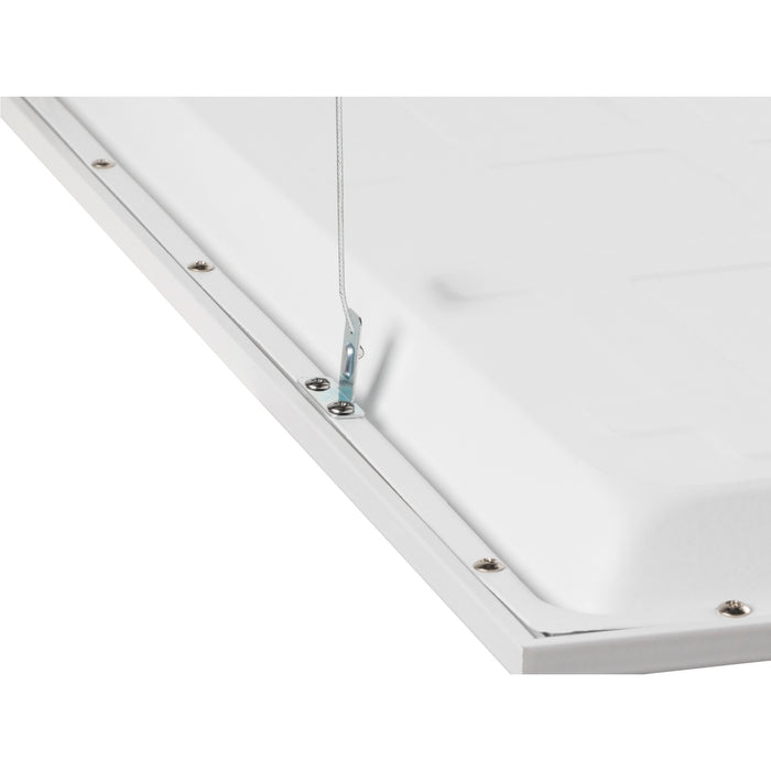 White LED panel light, metal frame, suspended mounting.
