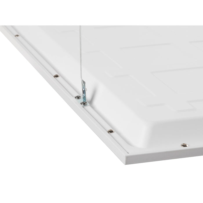 White metal LED panel light with suspension mounting.