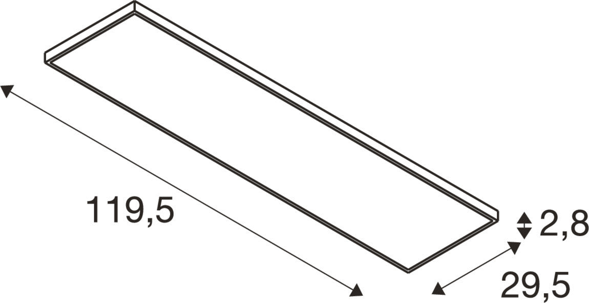 Technical drawing of a rectangular shelf with dimensions 119.5 x 29.5 x 2.8.