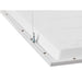 White metal LED panel light with suspension mounting detail.