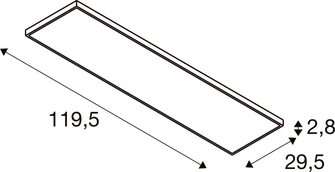 Technical drawing of a rectangular shelf with dimensions 119.5 x 29.5 x 2.8.