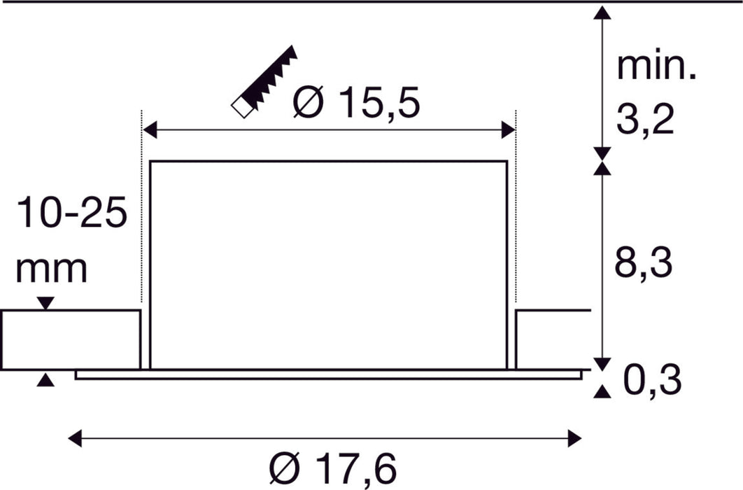 Dimensioned drawing of SLV Aluminium DOWNLIGHT C, DALI 150 20W 930 IP54