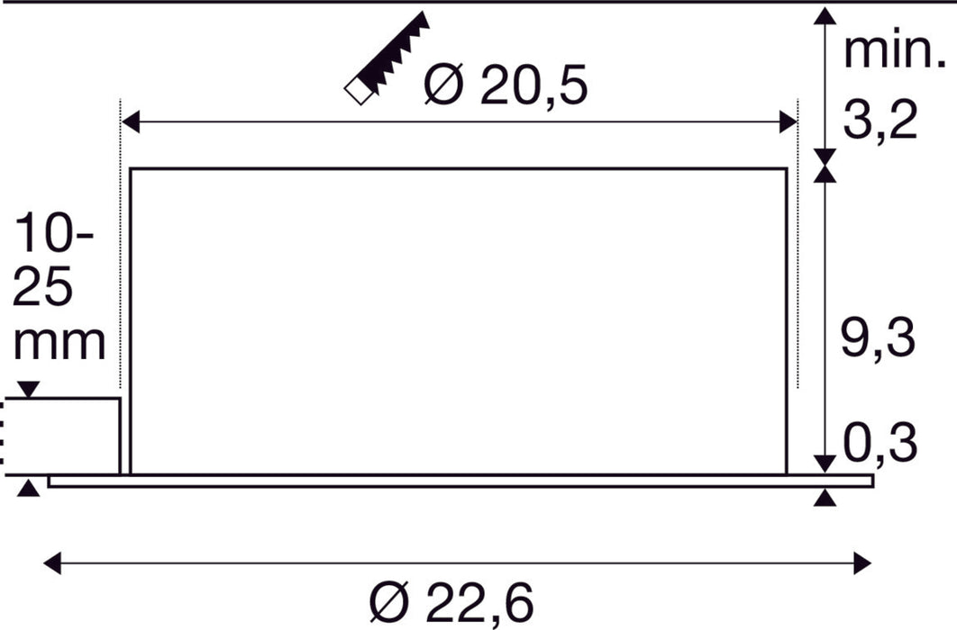 Dimensioned drawing of SLV Aluminium DOWNLIGHT C, DALI 200 24W 930 IP54