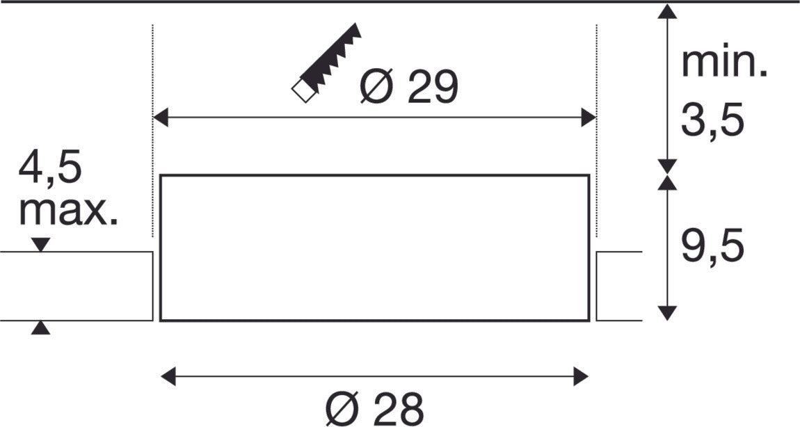 Dimensioned drawing of SLV Aluminium MEDO® 30, recessed ceiling light, frameless, 3000/4000K, 70°, IP20, round, white