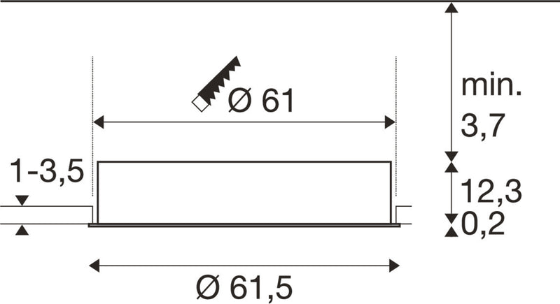 Dimensioned drawing of SLV Aluminium MEDO® 60, recessed ceiling light, frame, 3000/4000K, 80°, IP20, round, white