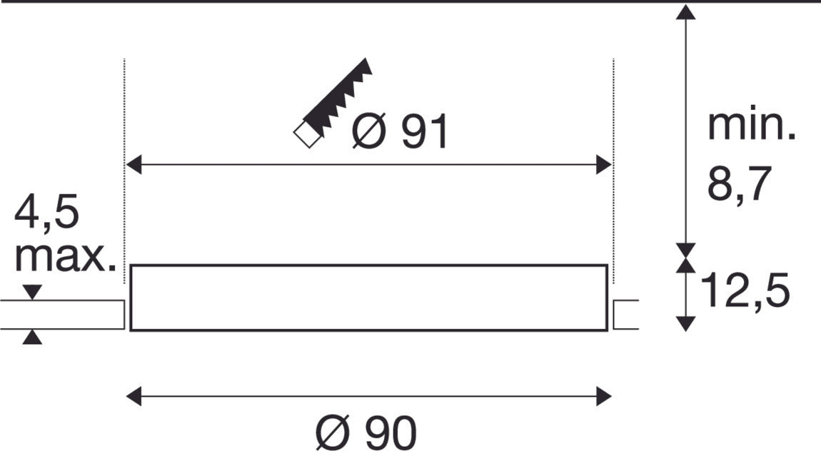 Dimensioned drawing of SLV Aluminium MEDO® 90, recessed ceiling light, frameless, 3000/4000K, 80°, IP20, round, white