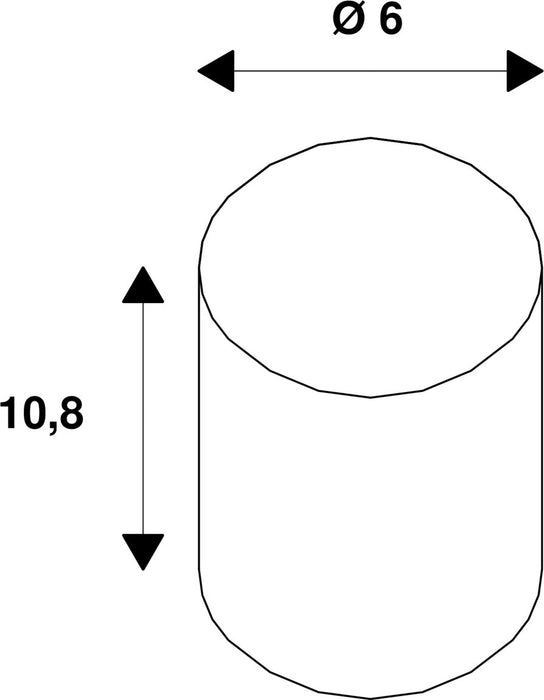 Technical drawing of a white cylinder with dimensions 6mm diameter and 10.8mm height.