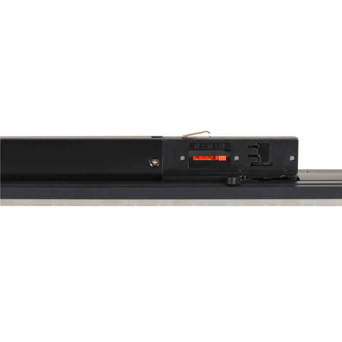 Black track lighting rail, surface mounted.