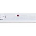 White LED light fixture with DIP switch settings and electrical specifications.