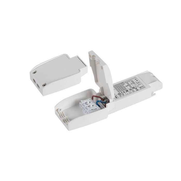 White plastic LED power supply with open hinged cover showing wiring terminals.