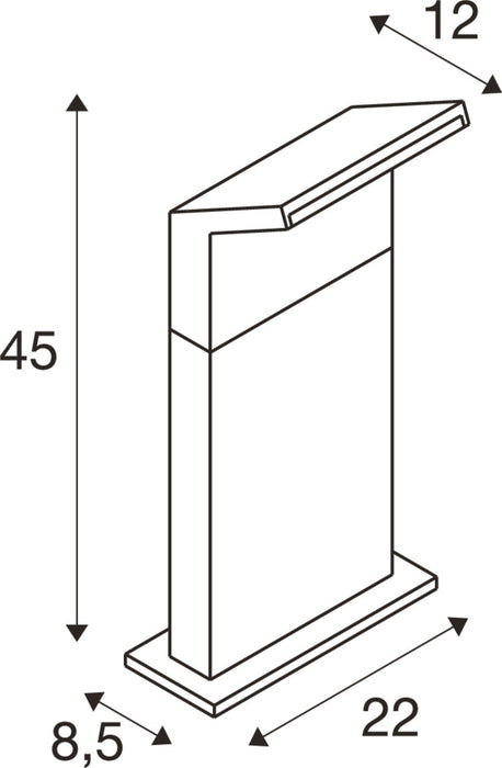 Technical drawing of a bollard light fixture with dimensions.