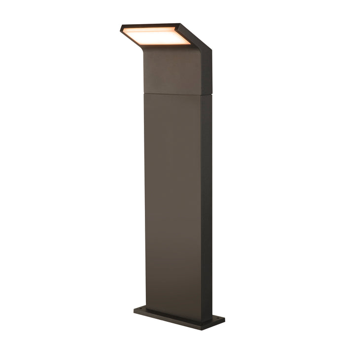 Modern dark bronze finish aluminum bollard light, surface mounted.