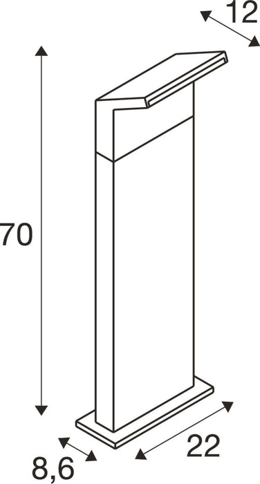 Technical drawing of a bollard light fixture with dimensions.