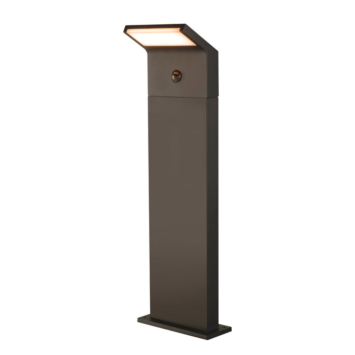 Dark bronze metal bollard light with a flat top and surface mounting.
