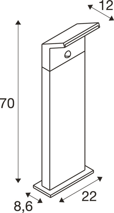 Technical drawing of a bollard light fixture with dimensions.