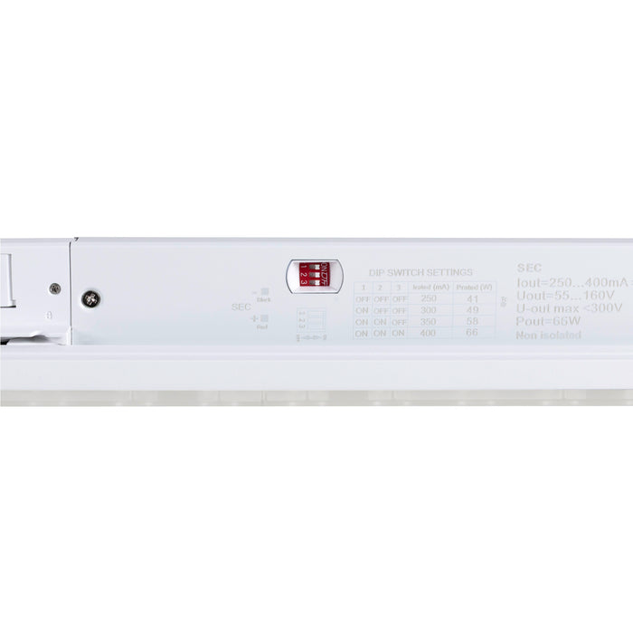 White LED light fixture with DIP switch settings and technical specifications printed on the surface.