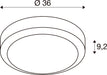 Technical drawing of a round, flush-mount light fixture with dimensions.