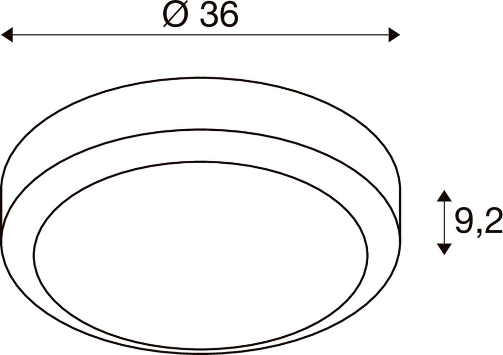 Technical drawing of a round, flush-mount light fixture with dimensions.