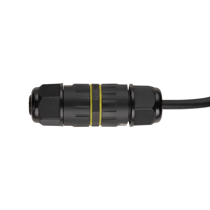 Black plastic cable gland with yellow seal.