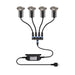 Four recessed stainless steel outdoor lights with black cables and transformer.