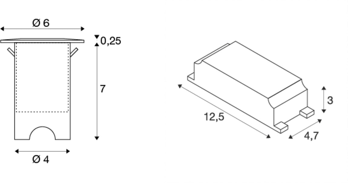 Technical drawing with dimensions of a recessed light and its driver.