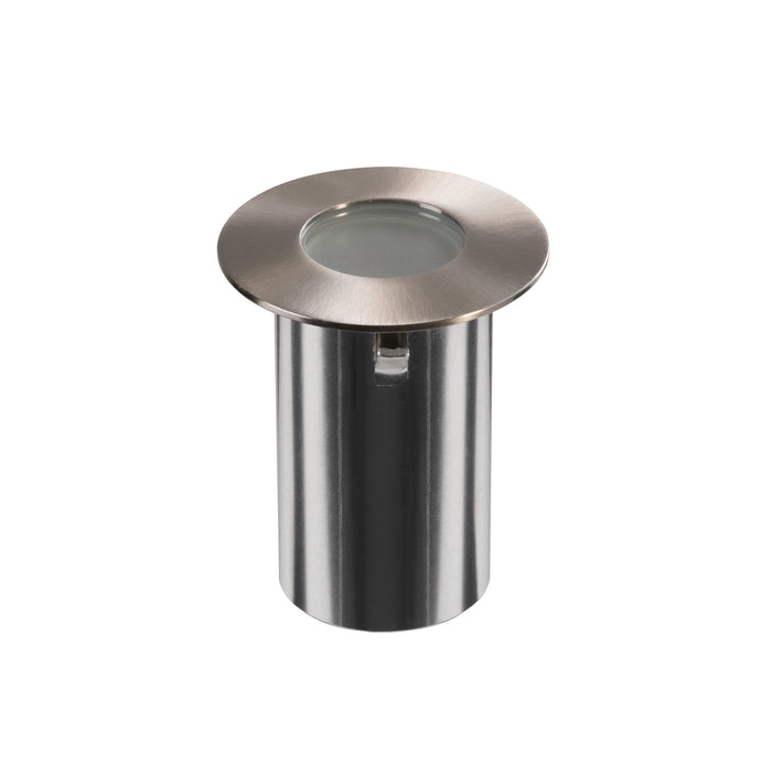 Brushed nickel recessed well light, metal housing, in-ground mounting.