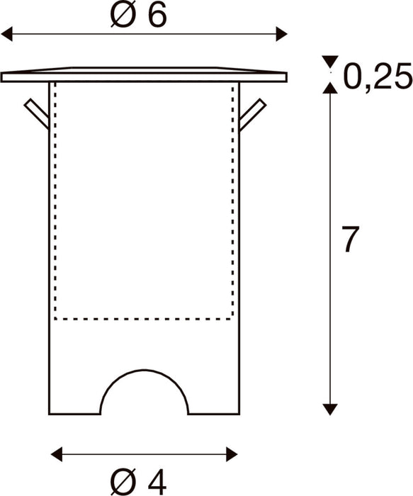 Technical drawing of a cylindrical light fixture with dimensions.