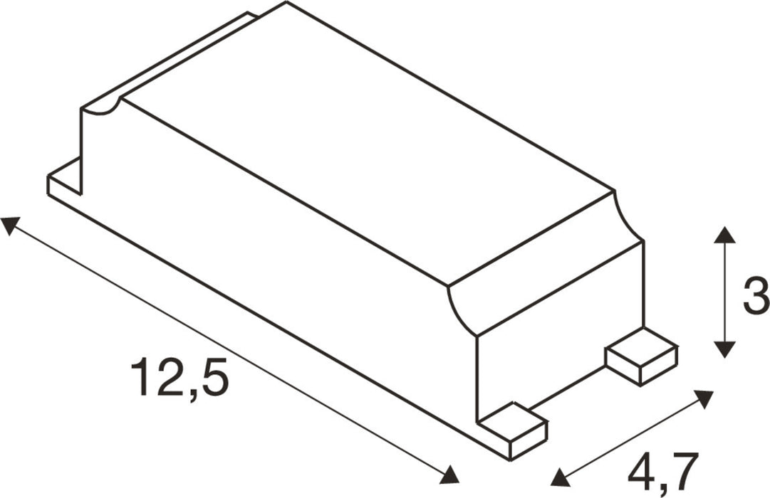 Dimensional drawing of a surface mount device (SMD) component, showing dimensions 12.5, 4.7, and 3.
