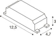 Dimensional drawing of a surface mount device (SMD) component, showing dimensions 12.5, 4.7, and 3.
