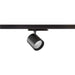 Black track lighting fixture, cylinder shape, matte finish, mounted on track.