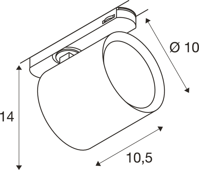 Dimensional drawing of a track-mounted, cylindrical spotlight.