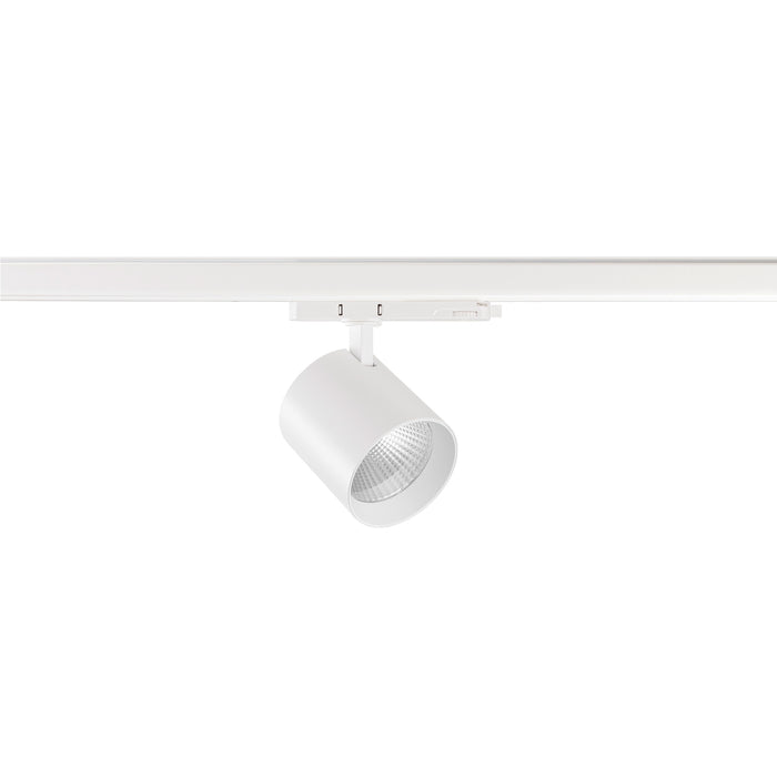 White track lighting fixture, cylinder shape, mounted on track.